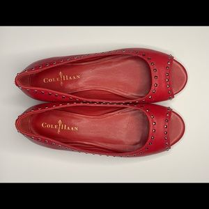 Cole Haan Red Leather Studded Peep Toe Casual Ballet Flats Size 6.5 Red